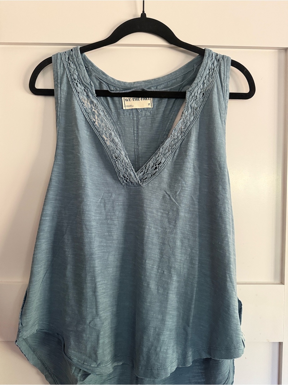 We The Free Blue Sleeveless V-Neck Lace Trim Tank